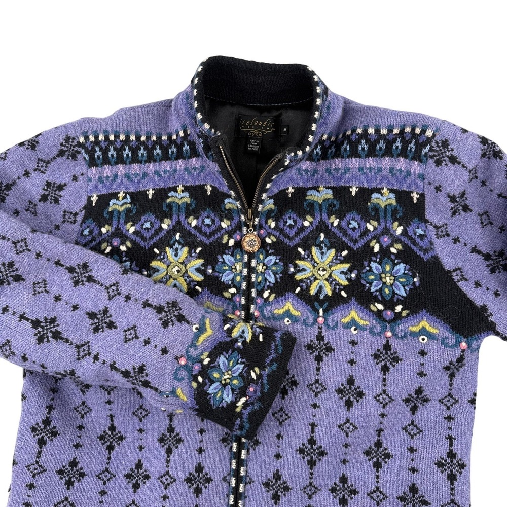 Icelandic Design Sweater M Womens Purple Pure Wool Jacket Scandinavian Floral - Picture 3 of 14